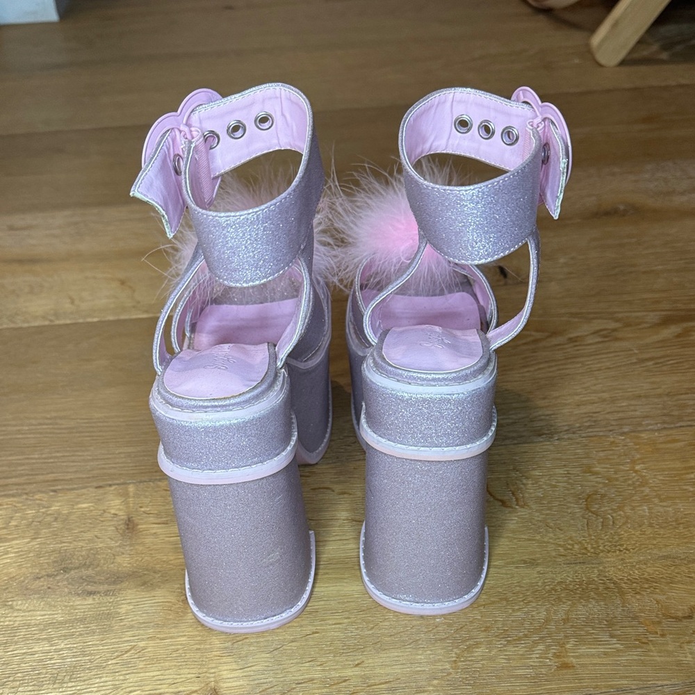 Dolls Kill Pink Fluffy Heart Platform Sandals - Picture 3 of 4